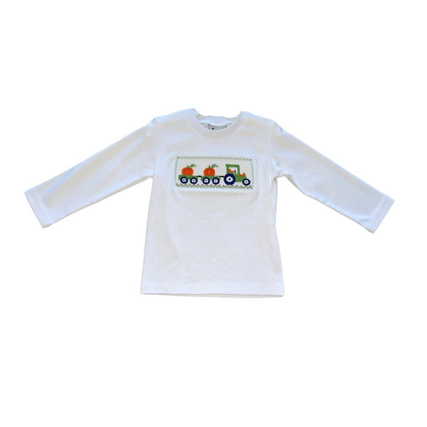 White smock Tee with tractor Pulling pumpkins