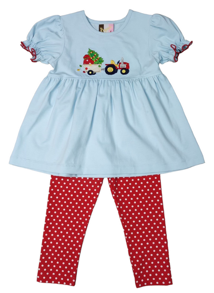 Light blue Christmas tractor legging set