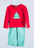 Red/green boy Christmas tree pant set