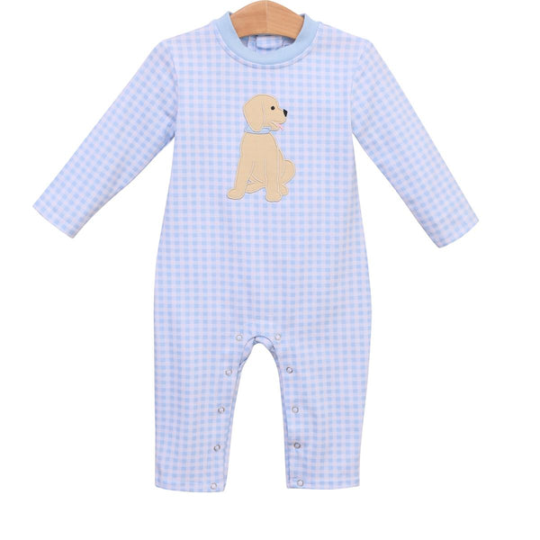 Blue check puppy romper