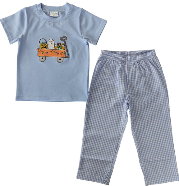Blue trick or treat wagon pant set