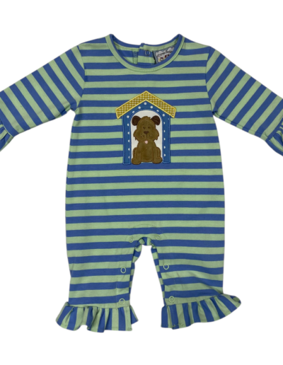 Mint stripe dog house ruffle romper
