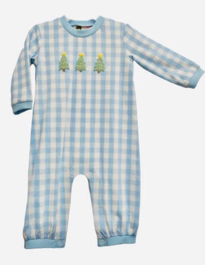 Blue check Christmas tree romper