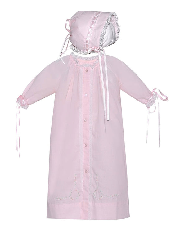 Pink W/ecru daygown and bonnet