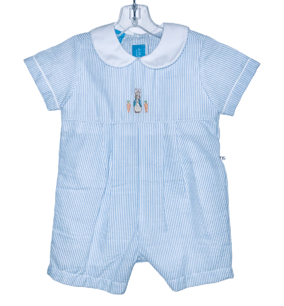 Blue seersucker bunny romper