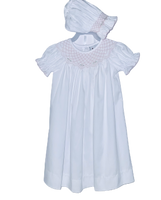 White daygown pink smock