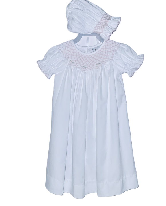 White daygown pink smock