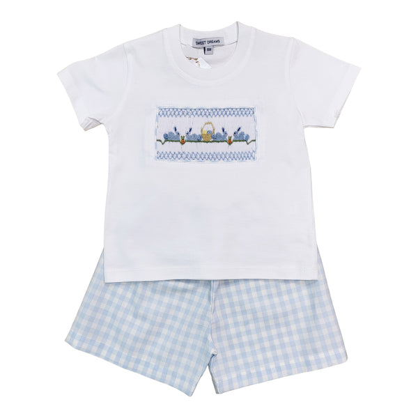 White/ blue check smock Easter short set