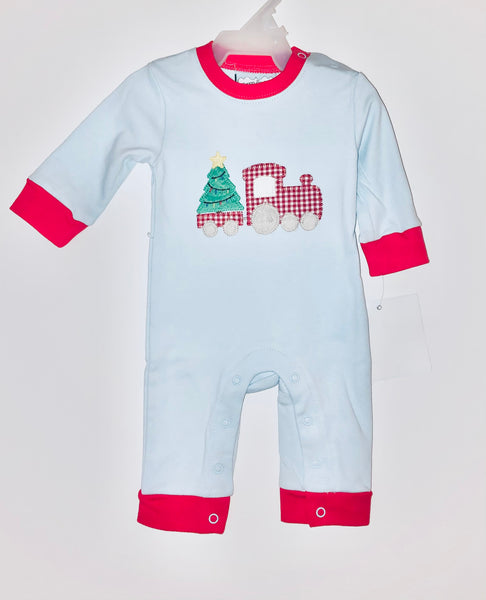 Lt Blue Christmas train romper