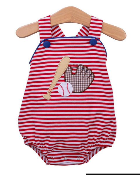 Red stripe boys baseball sunsuit