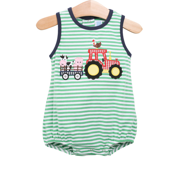 Green stripe Tractor romper