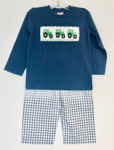 Navy smocked tractor pant set